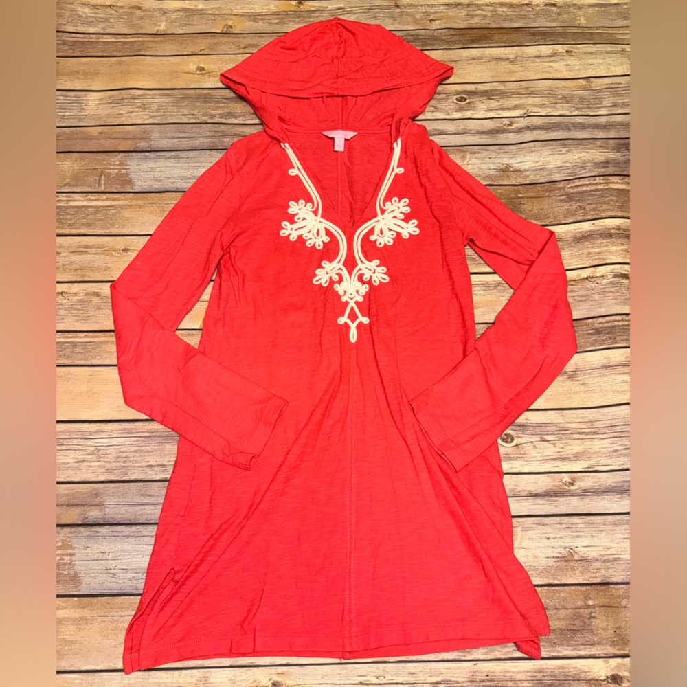 EUC Lilly Pulitzer Coral Cabana Lace Tunic with Hood sz Small